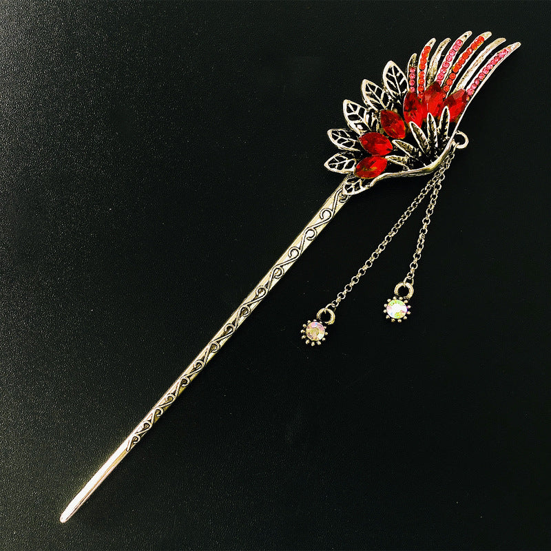 Feather Rhinestone Vintage Hanfu Hairpin with Tassel Coil