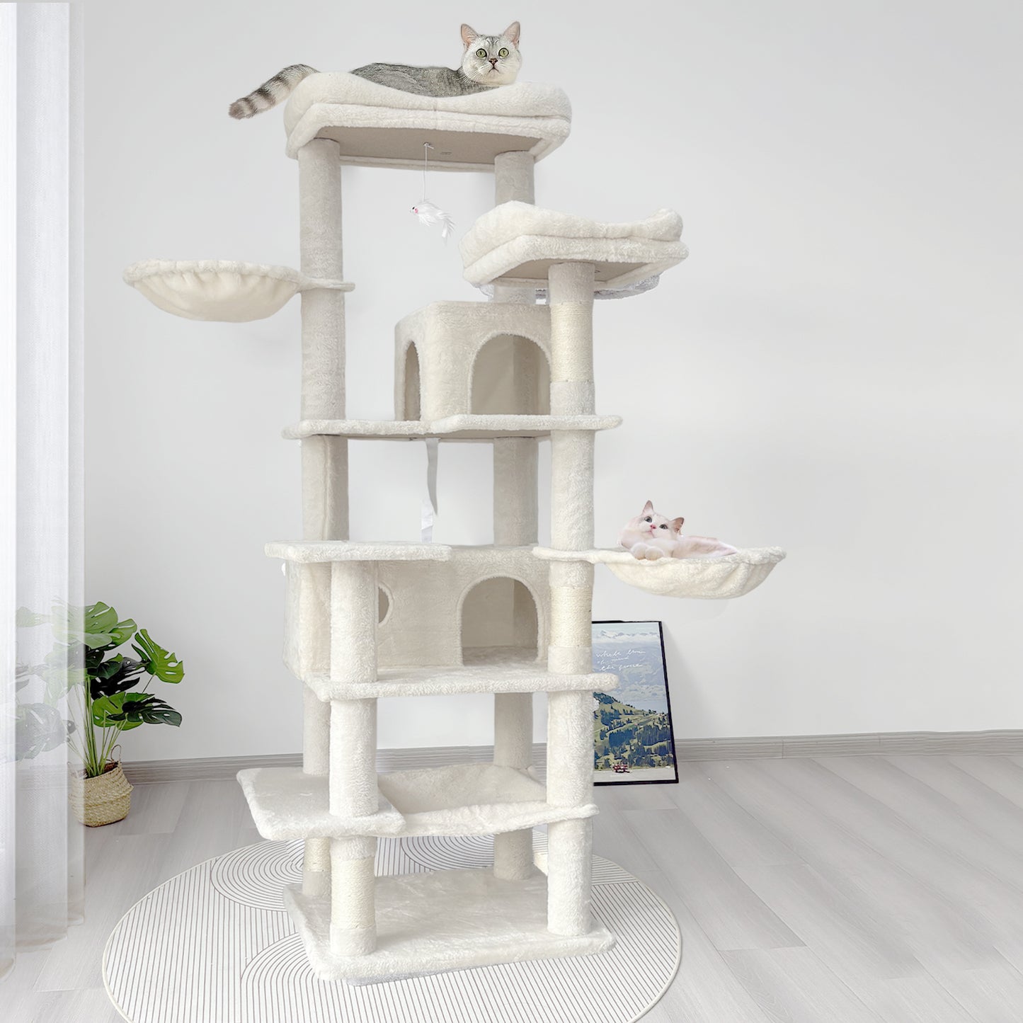 68in Multi-Level Cat Tree with Hammocks and Scratching Posts - Beige