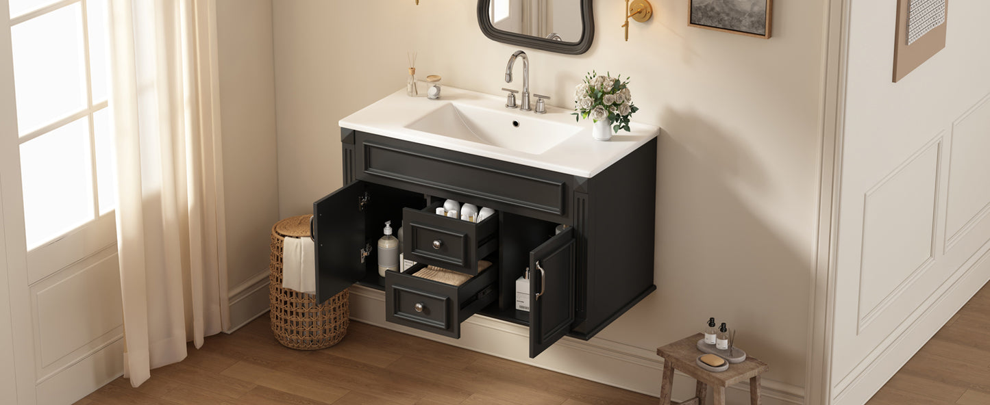 36-Inch Wall-Mounted Bathroom Vanity with Ceramic Sink - Black