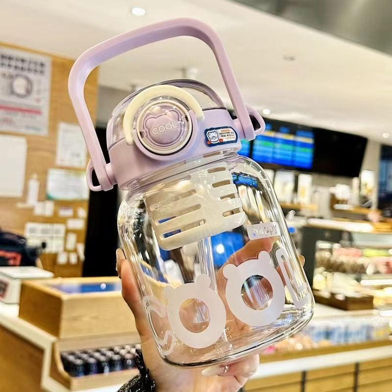 Wide Body Glass Water Bottle with Straw & Carry Handle - 1000ML