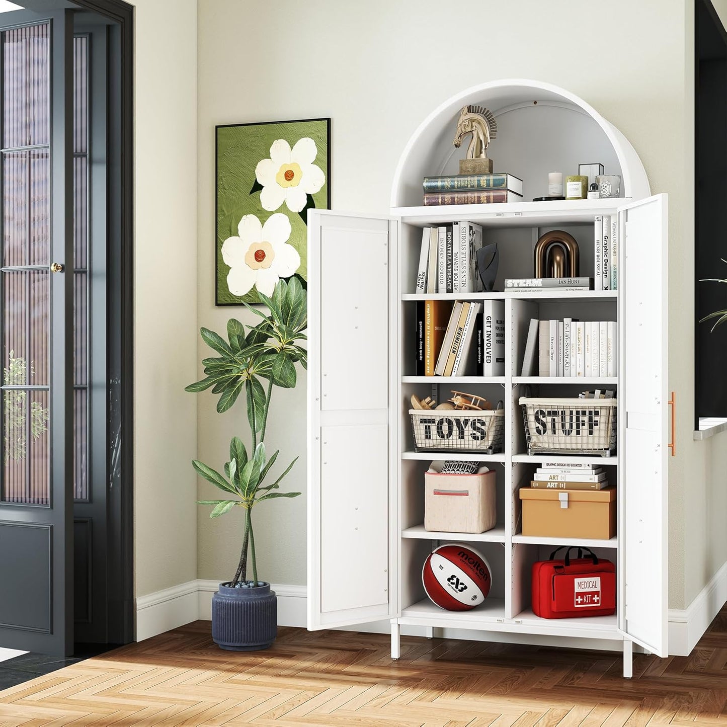 Tall Arched Kitchen Pantry Cabinet with Adjustable Shelves - White