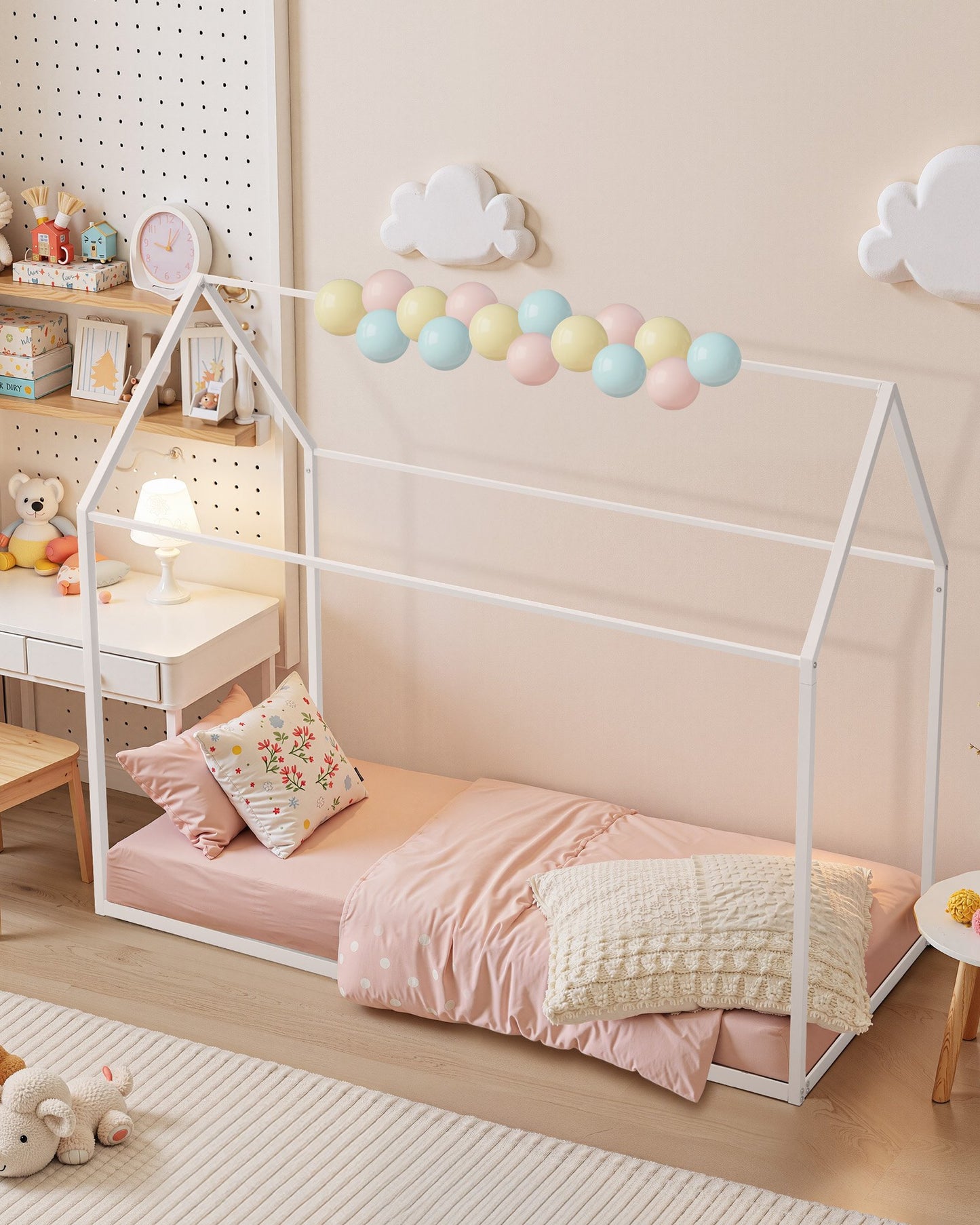 Twin House Bed Frame for Kids - Metal Floor Bed with Roof, Easy Assembly, White