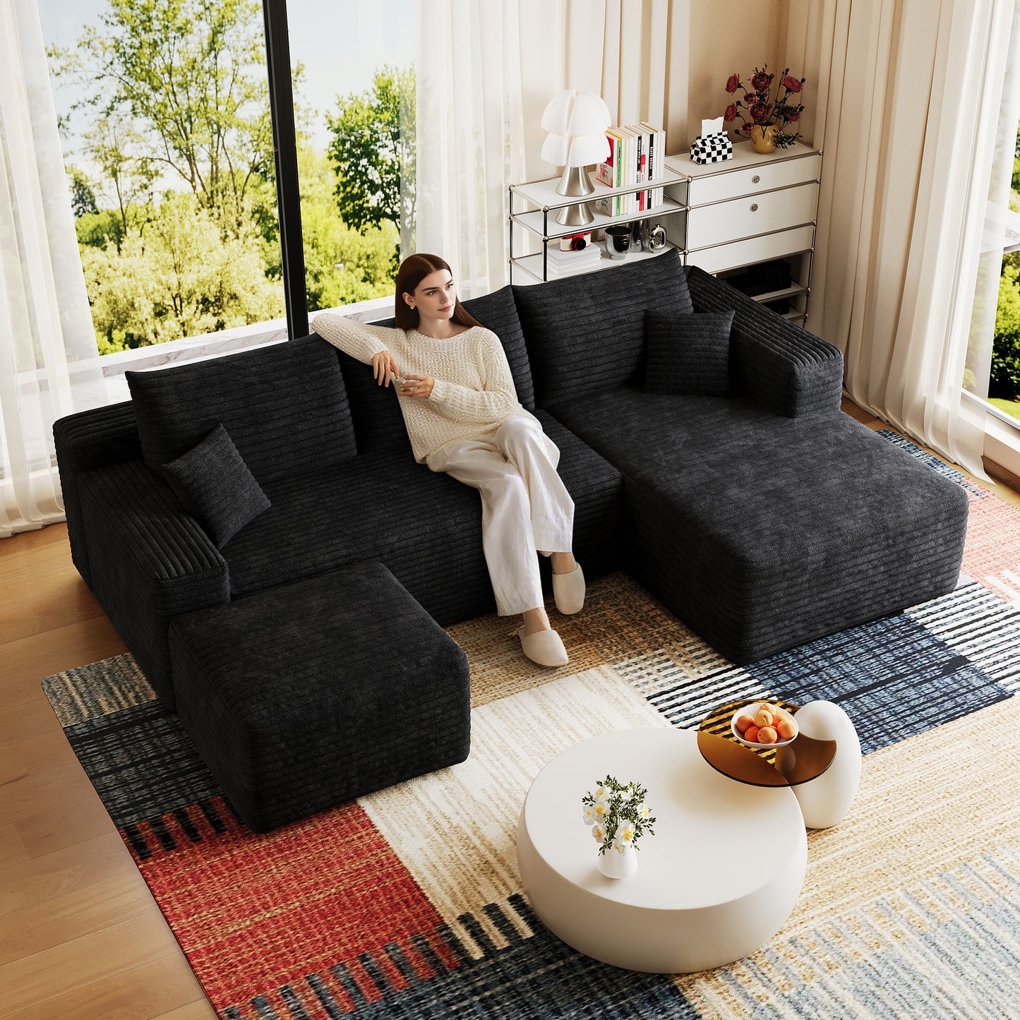 95" Cloud Sectional Sofa with Ottoman - Modern U-Shaped Couch in Black