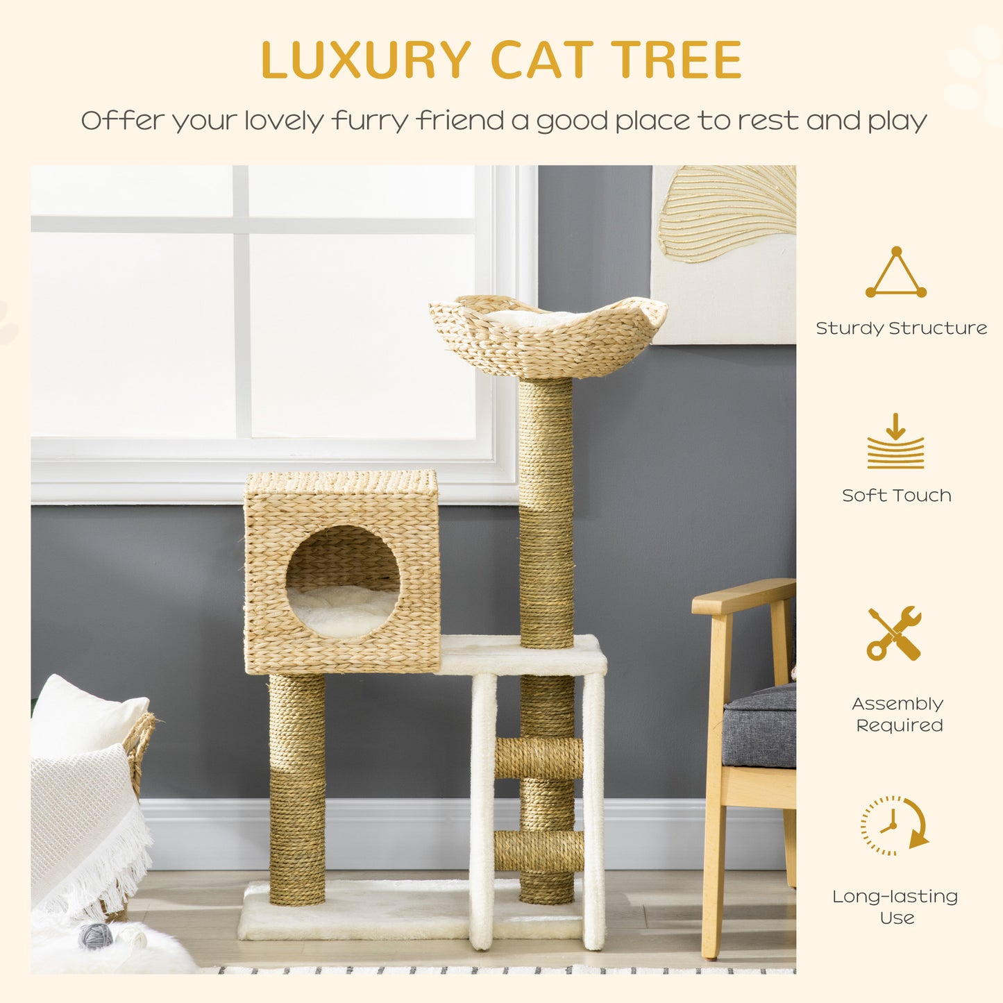Indoor Cat Tree Tower with Rattan Condo and Washable Cushions - Natural Finish
