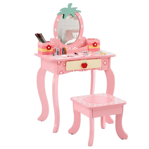Children's Dressing Table Set - Pink MDF Storage Box with Apple Print