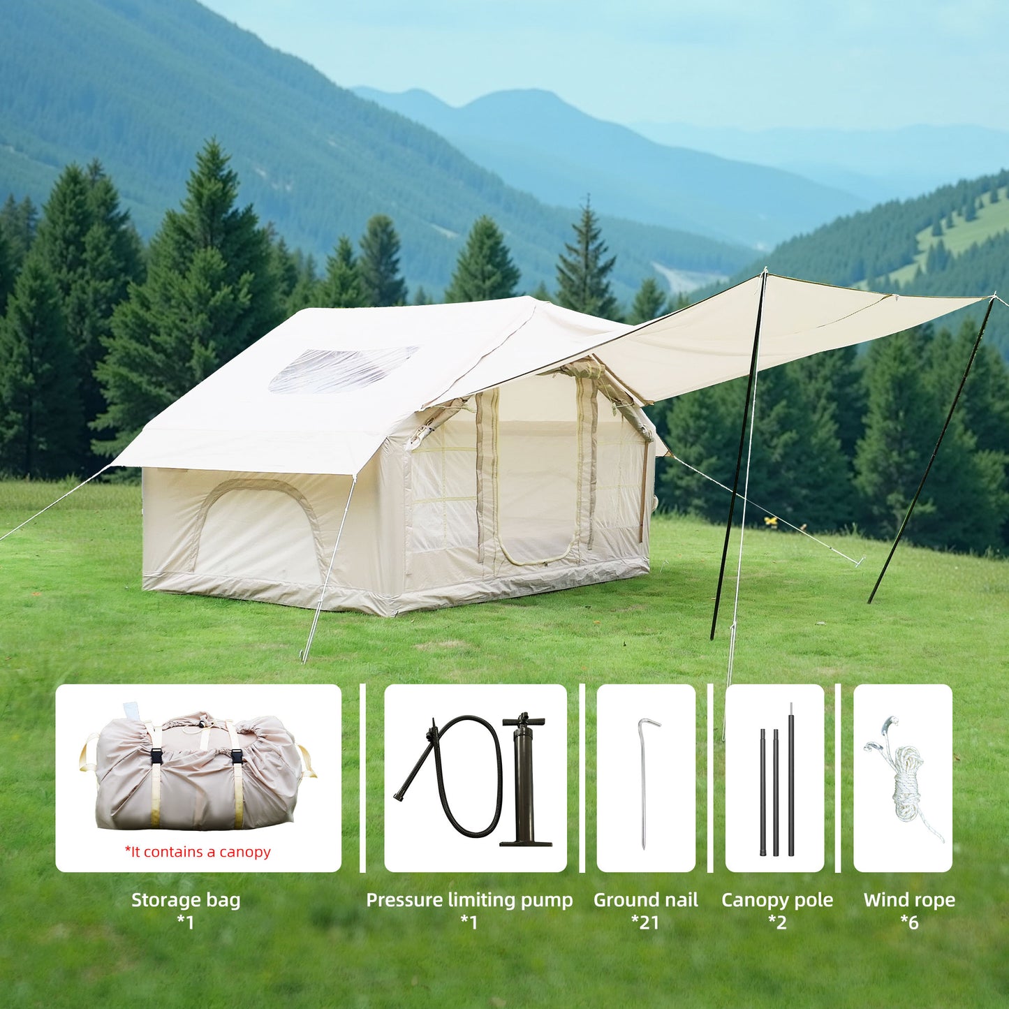 Inflatable Camping Tent with Canopy - 4 Season Waterproof, Beige