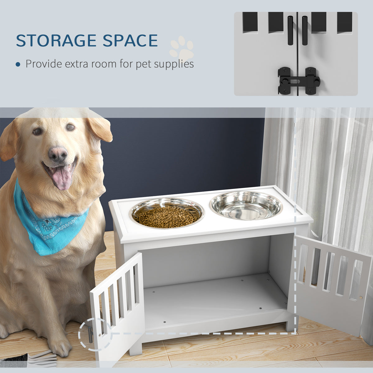 Dog Food Storage Cabinet with Bowls - Large Pet Feeding Station, White