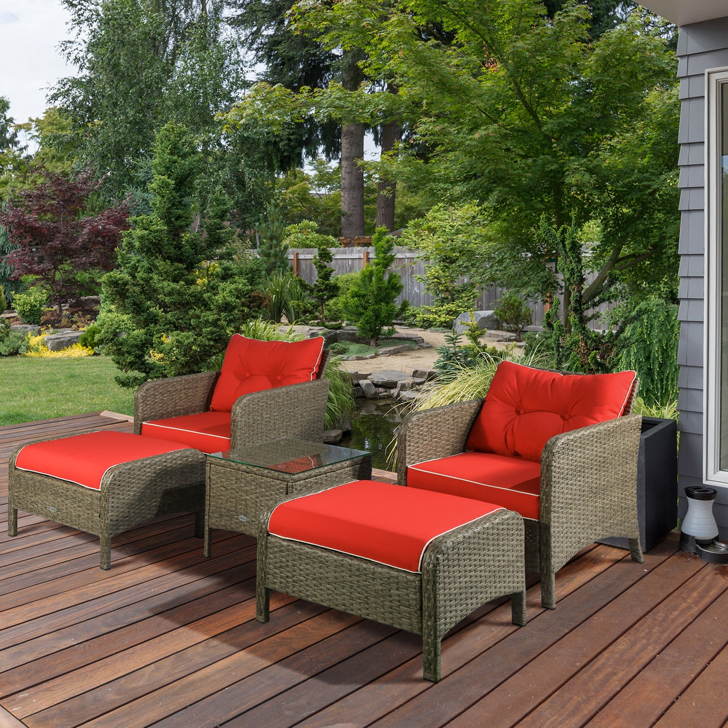 5-Piece Rattan Wicker Outdoor Lounge Chair Set with Cushions & Coffee Table - Brown/Red