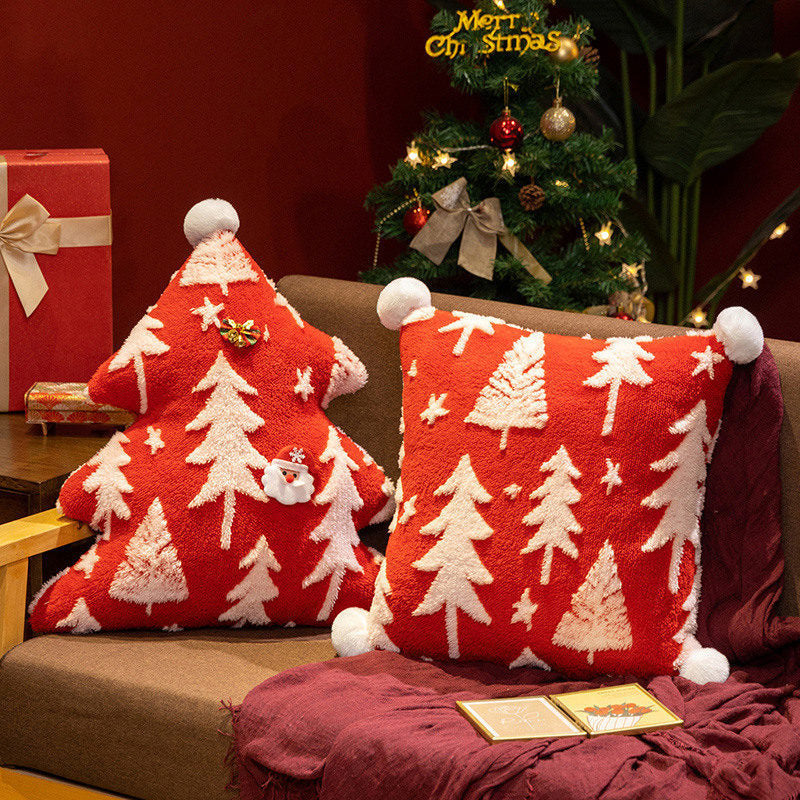 Christmas Velvet Jacquard Pillowcase with Snow, Tree & Reindeer Designs