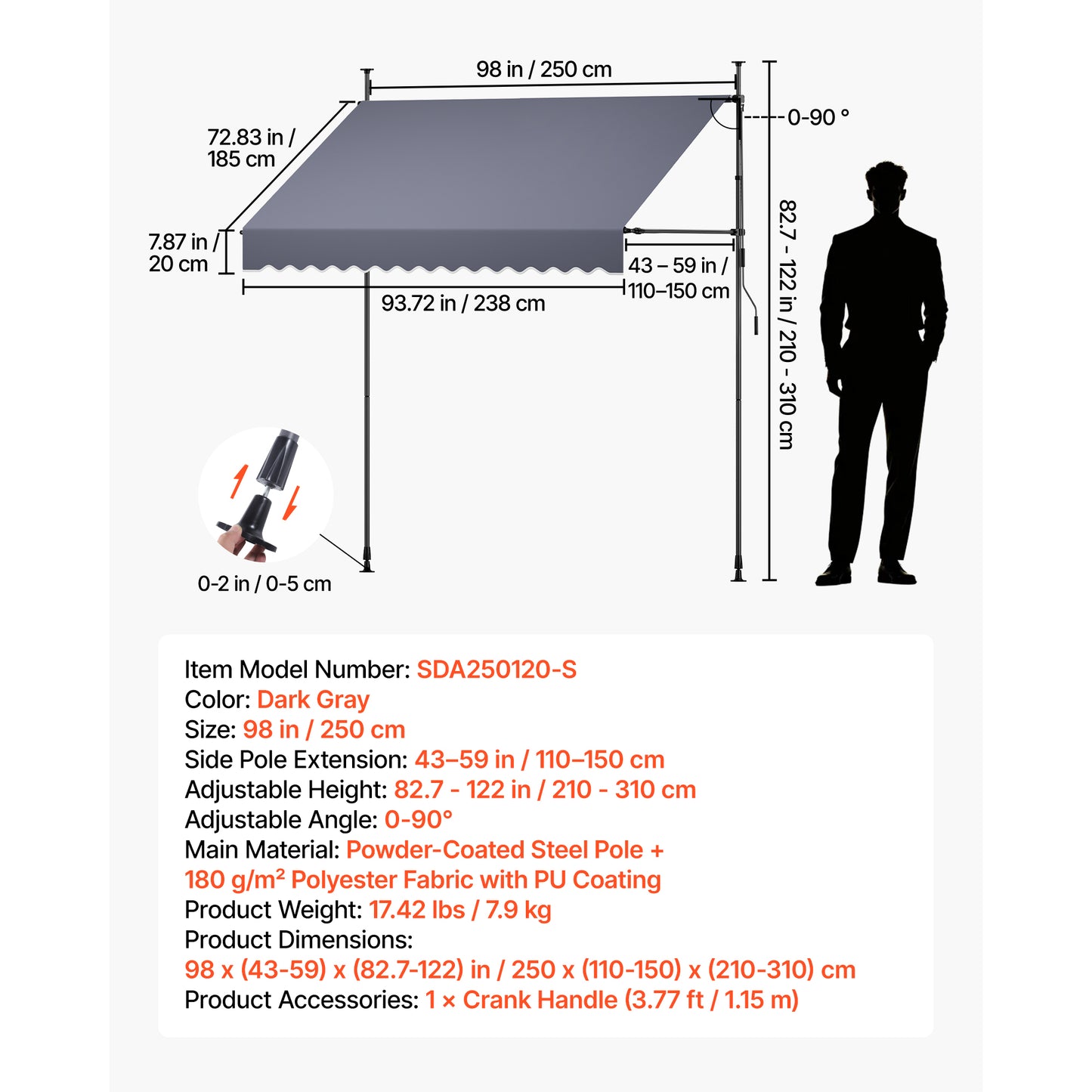 Manual Retractable Patio Awning 98 Inch Sunshade Shelter with Crank Handle - Dark Gray