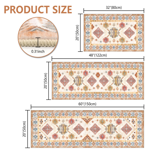 3-Piece Boho Kitchen Rug Set with Non-Slip Runner - Washable