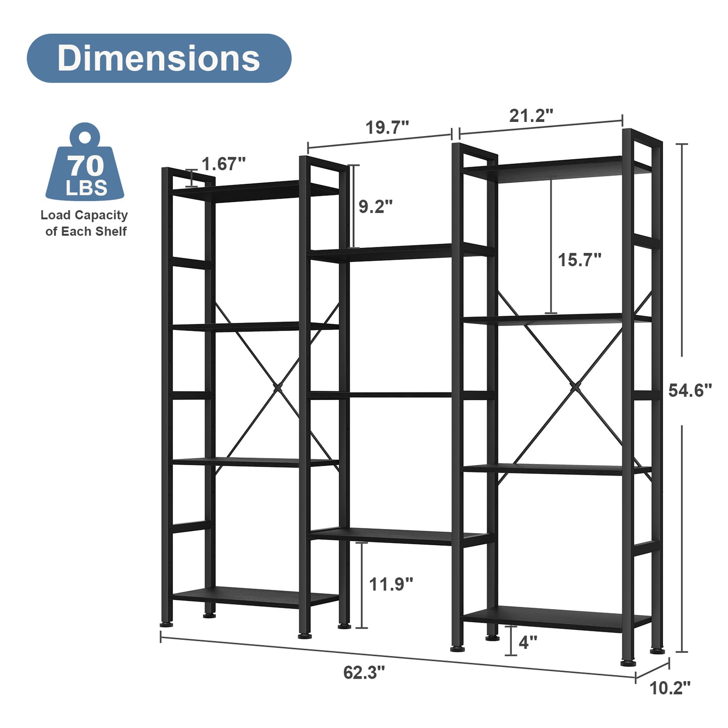 Adjustable Wide Bookshelf with Industrial Design - Multiple Colors