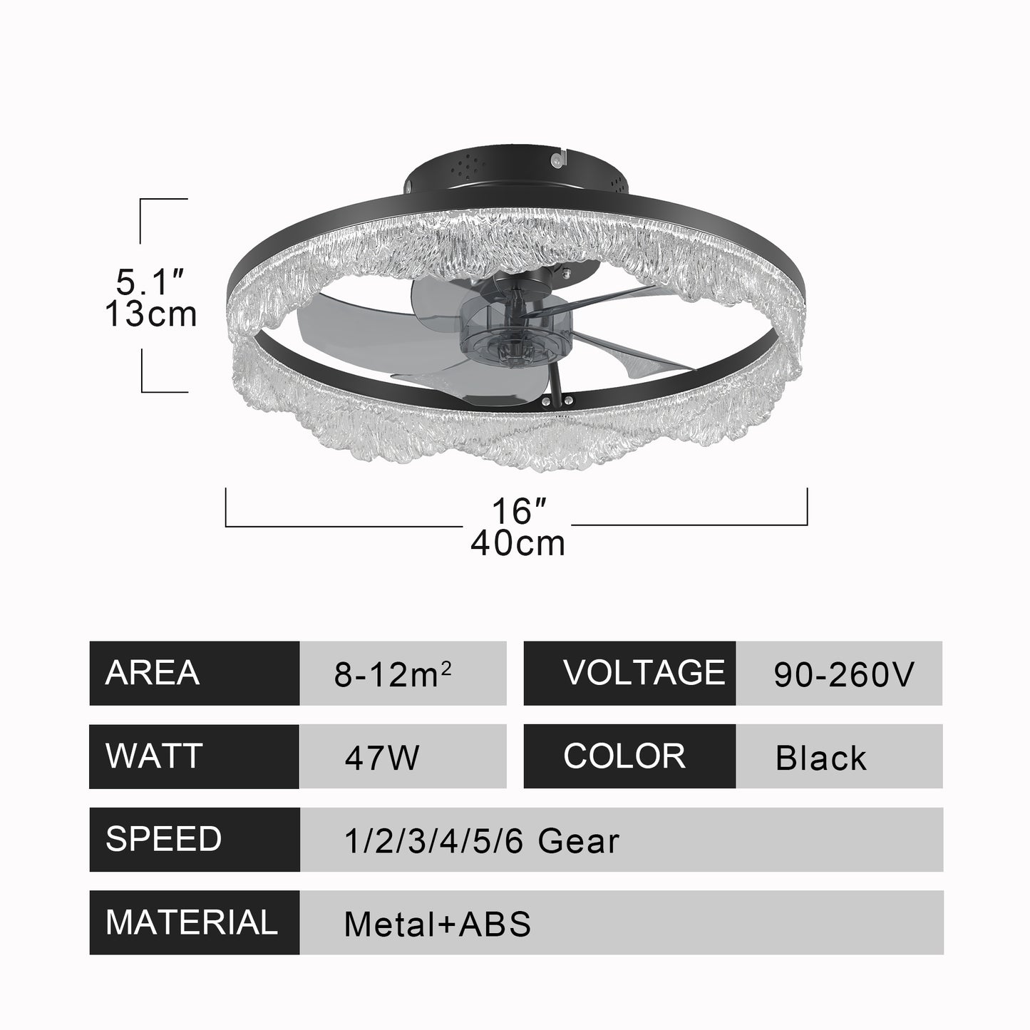 Modern LED Ceiling Fan Light with Crystal Acrylic Ring - Black