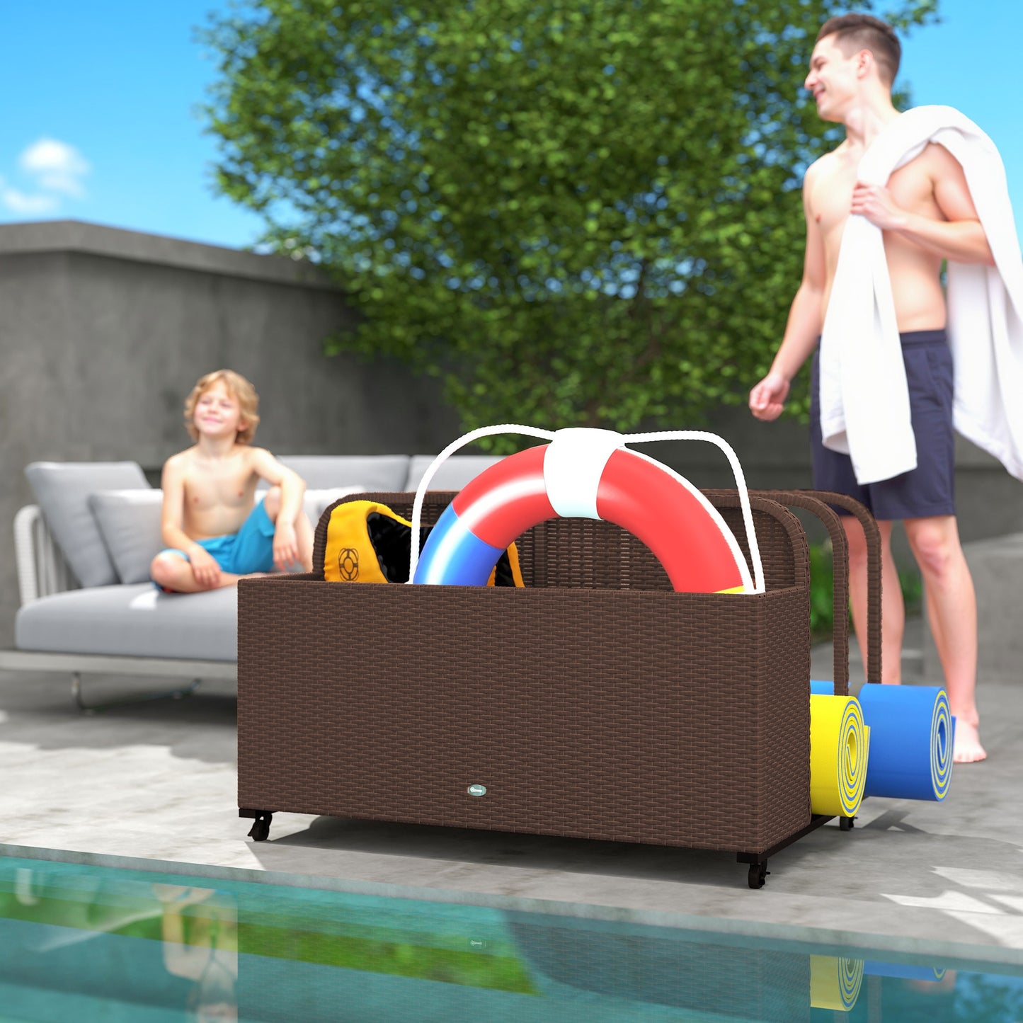 Rattan Pool Float Storage Organizer With Wheels, Brown