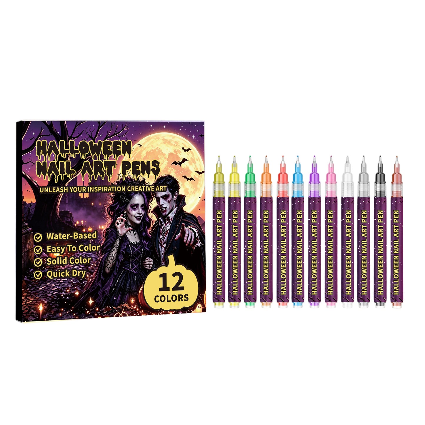 Halloween Manicure Pen Set - 12PCS Nail Art Tools for DIY Design