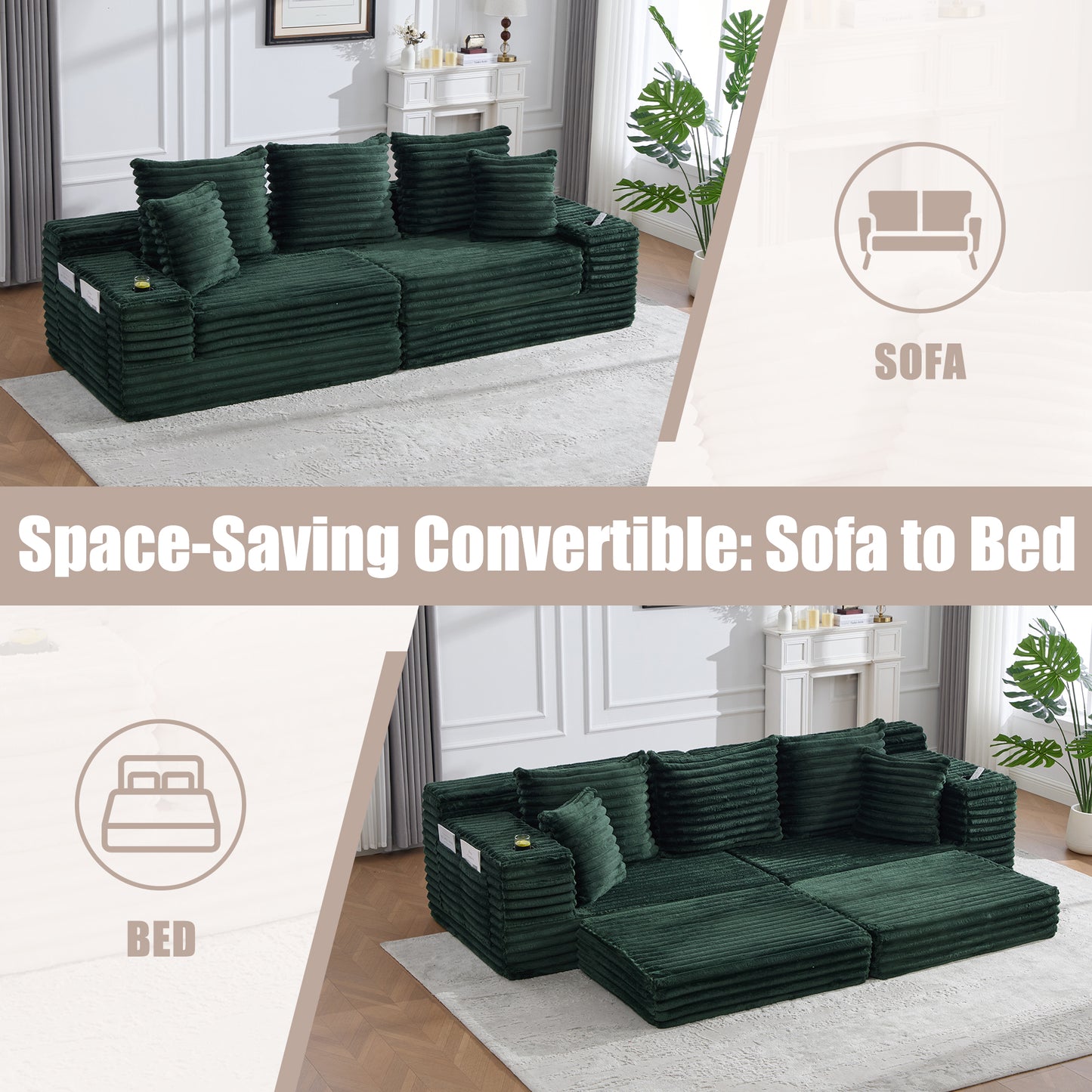 Oversized Corduroy Sofa Bed with Cup Holder & Pillows - Emerald