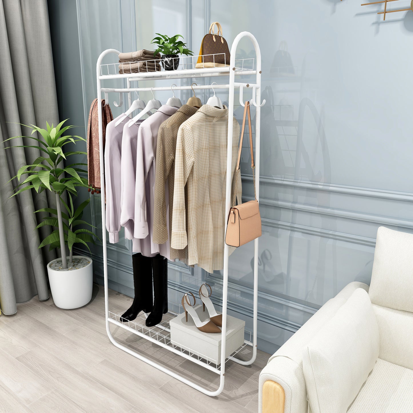 Heavy Duty Freestanding Clothes Rack with Double Shelves - White