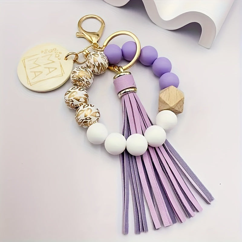 Silicone Beads Bracelet with Tassel & Wooden Bead Keychain - Colorful Gift Accessory