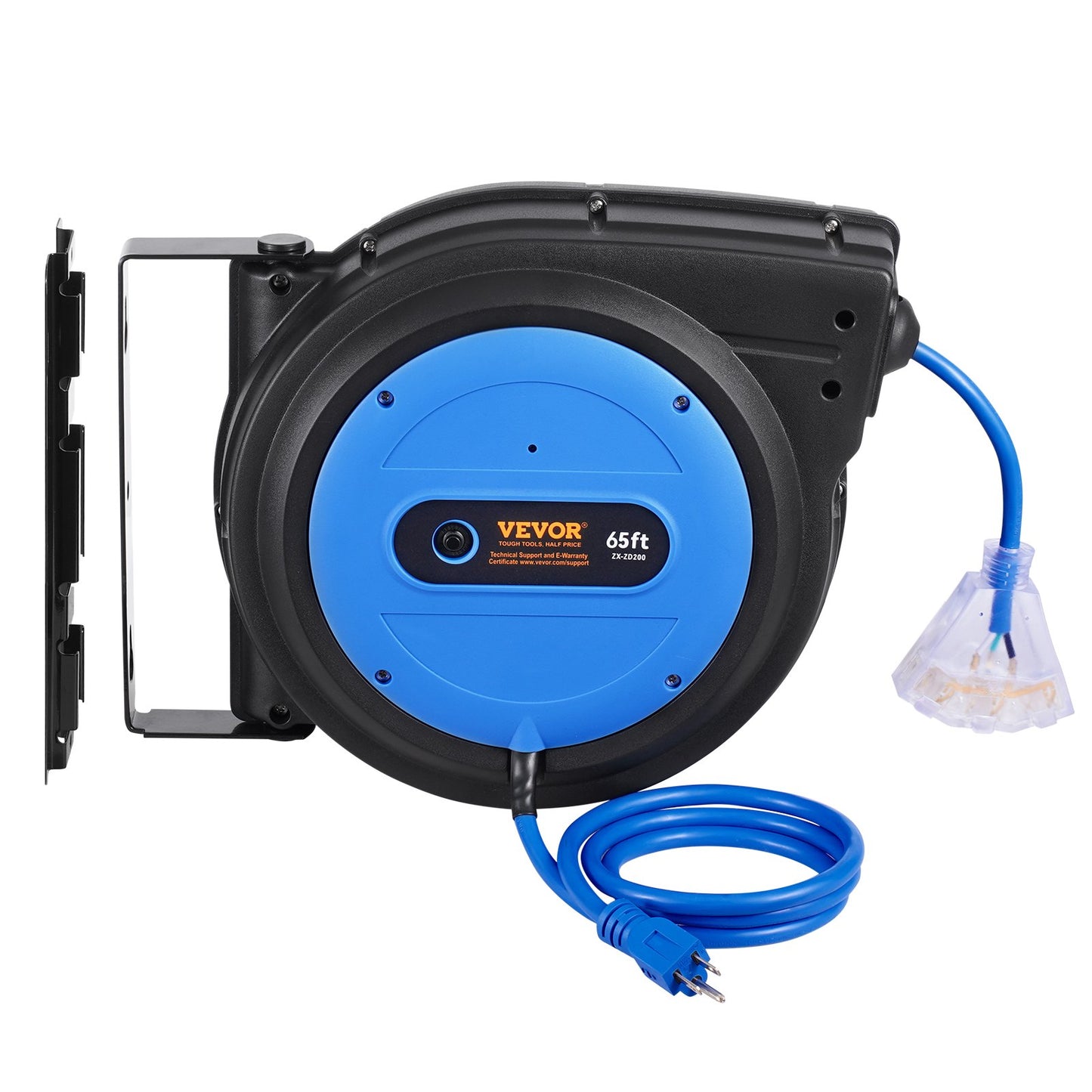 65FT Retractable Extension Cord Reel with 3-Outlets and Overload Protection