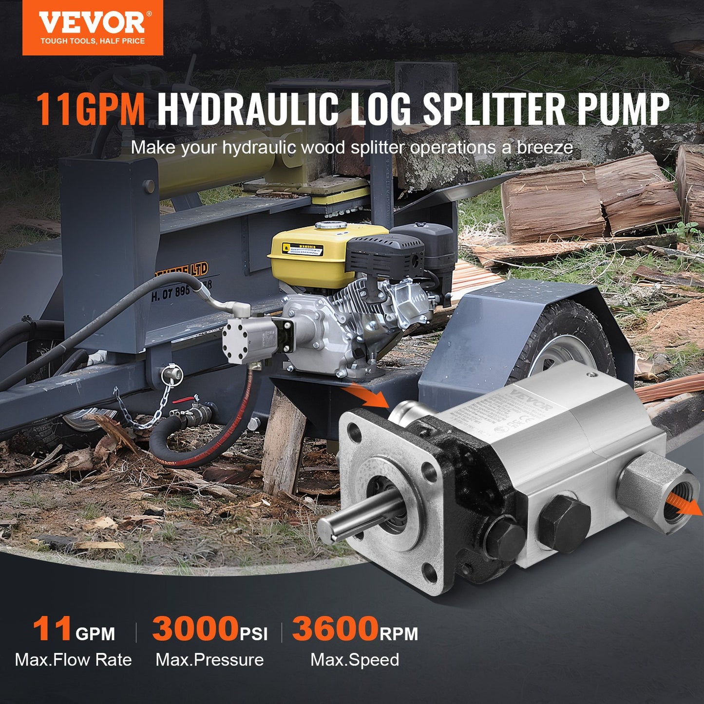 Hydraulic Log Splitter Pump 11 GPM 2-Stage 3000 PSI Aluminum Gear Pump for Wood & Snowplow