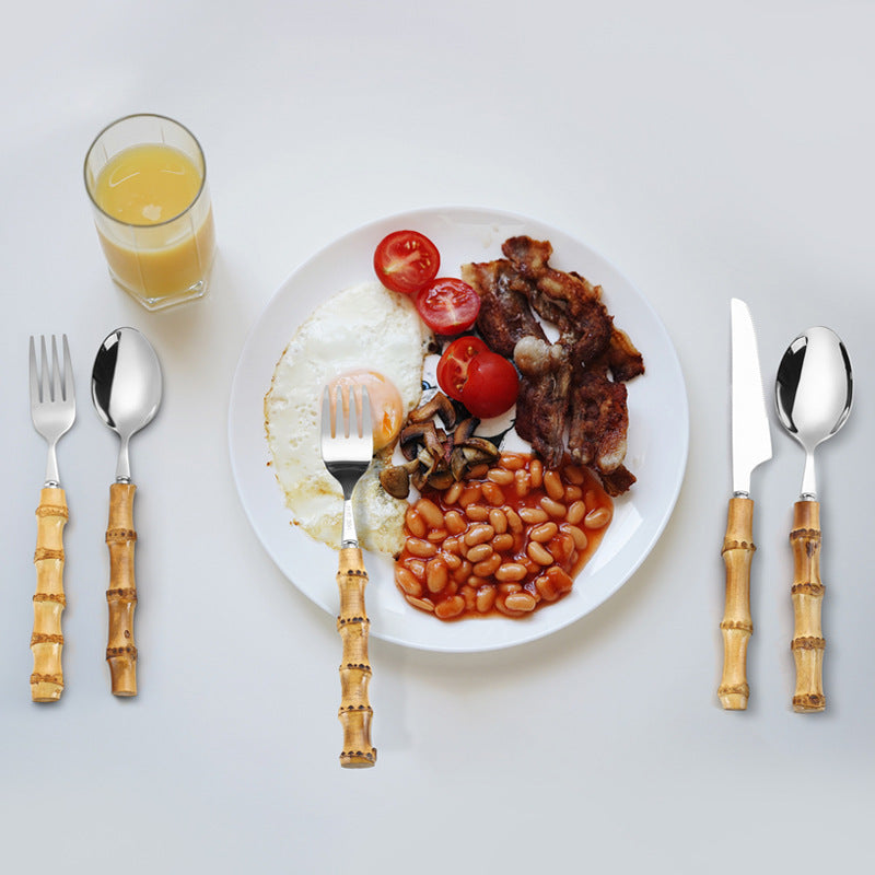 Natural Bamboo & Stainless Steel Tableware Set - 6-Piece Kitchen Dinnerware