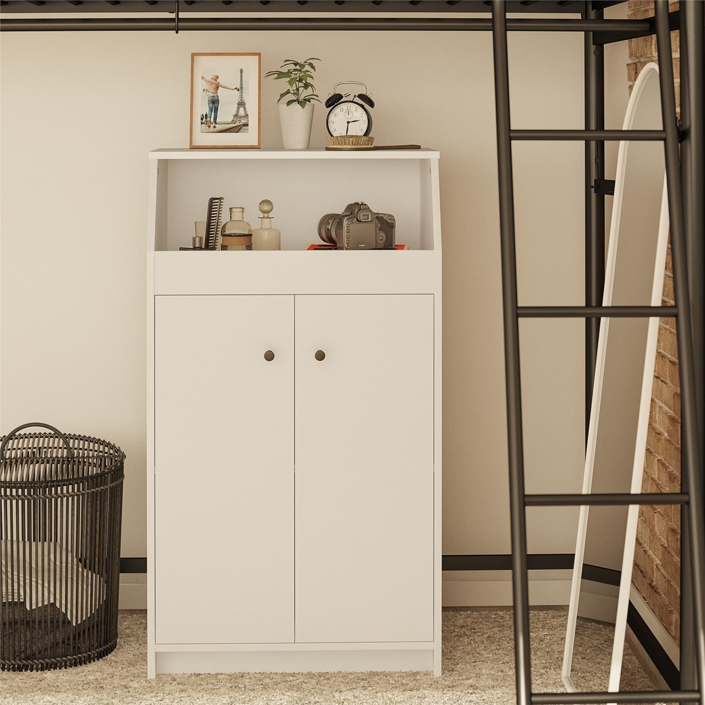The Loft 2 Door Storage Tower - White Fiberboard Cabinet