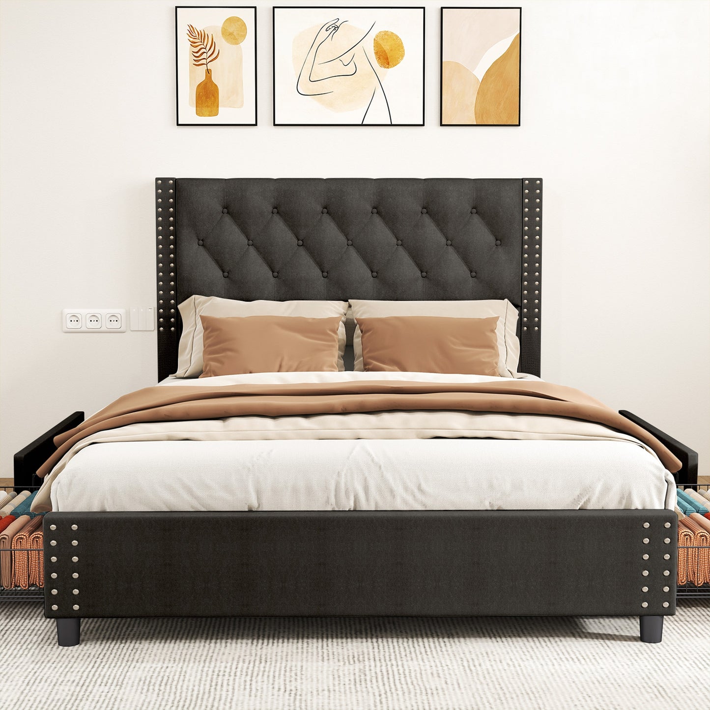 Queen Size Bed Frame With Upholstered Button Tufted Headboard Wood