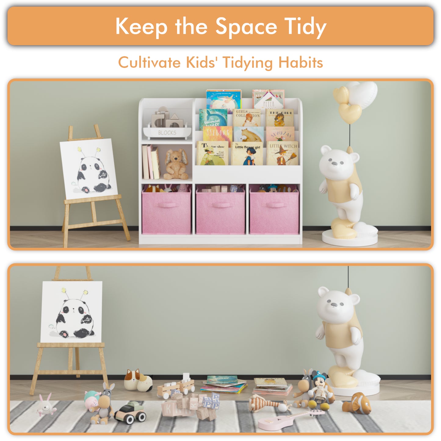 Kids Bookcase with 3 Fabric Drawers - White and Pink