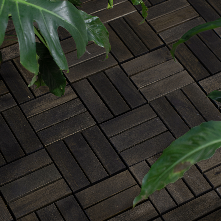 Outdoor Interlocking Deck Tiles - 10-Pack Acacia Wood Square Flooring for Patio & Poolside, Waterproof & Anti-Mildew, Dark Brown
