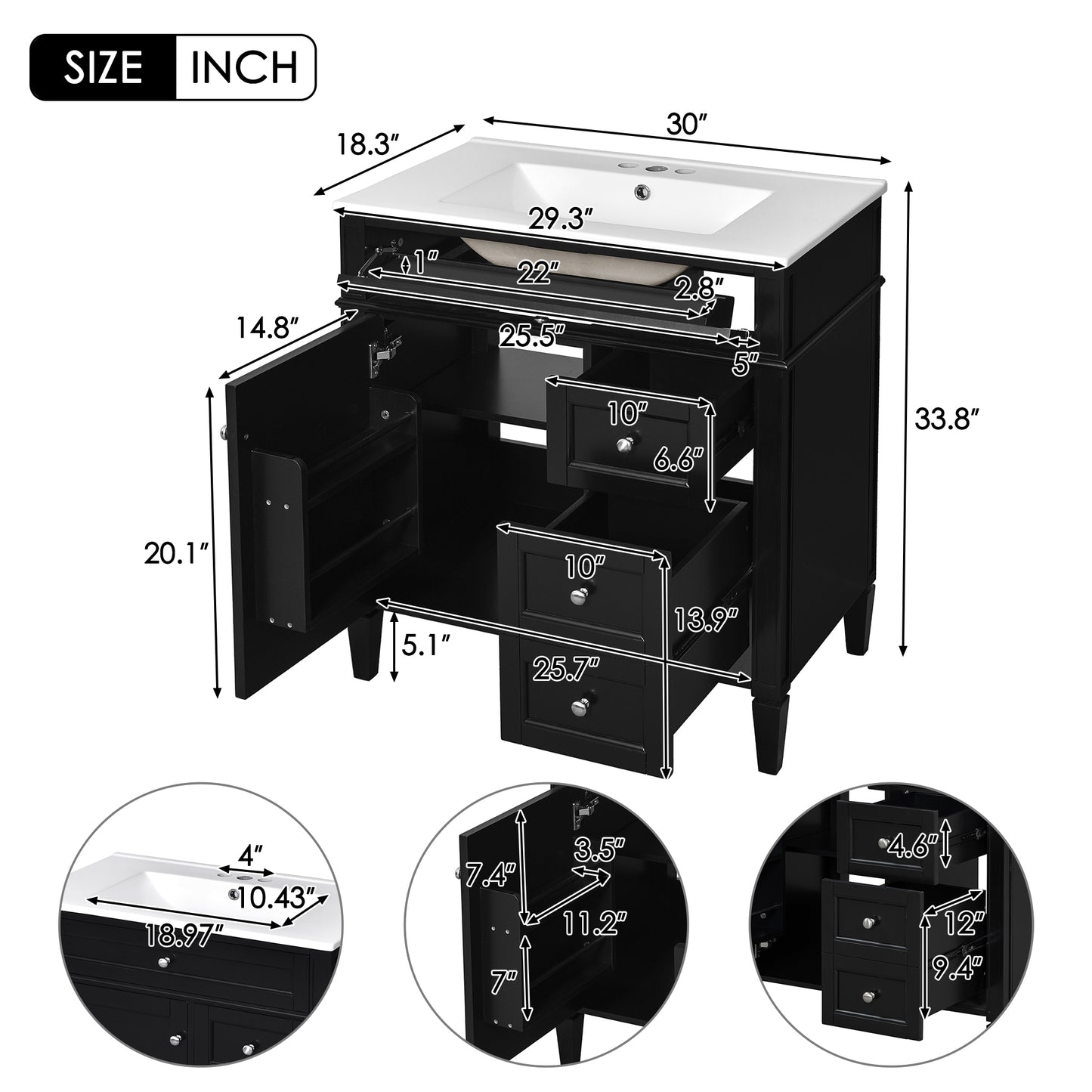 30'' Modern Bathroom Vanity with Sink - Black Storage Cabinet