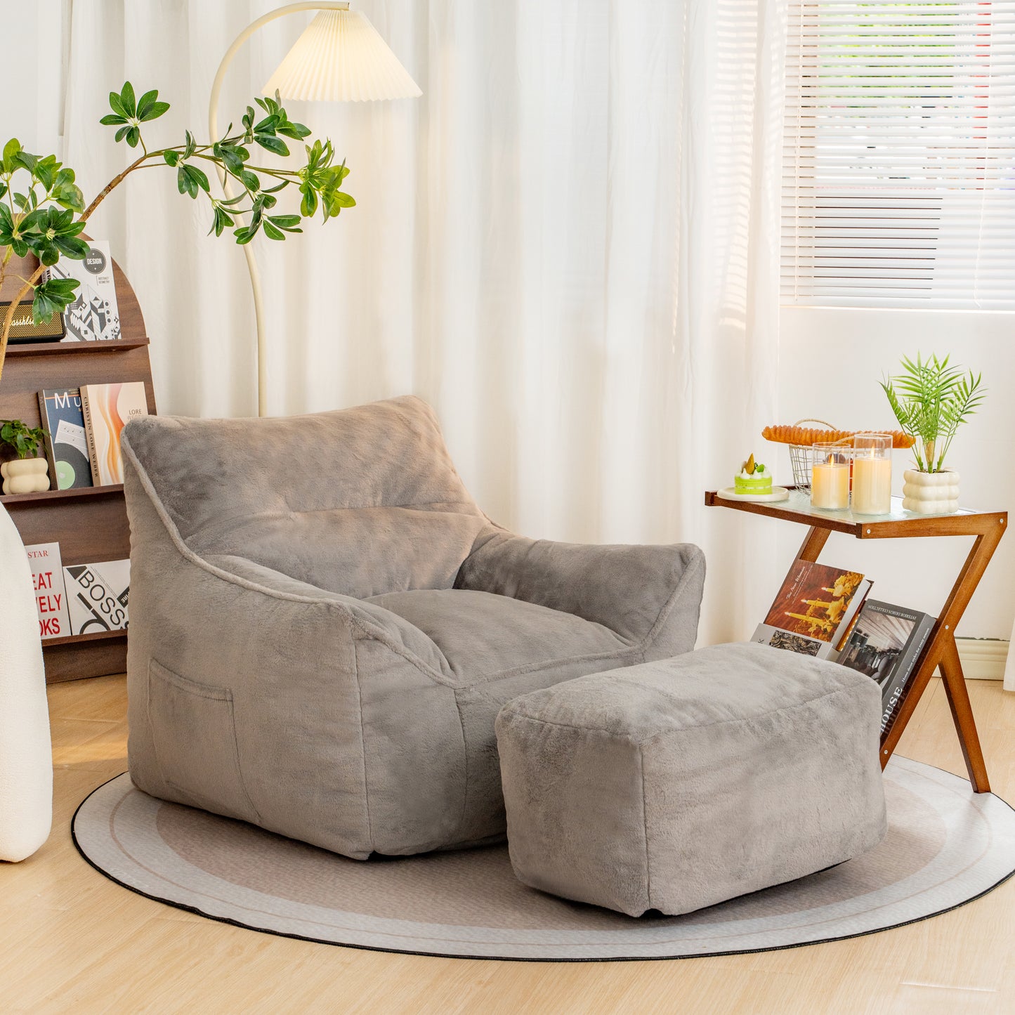 Soft Faux Fur Bean Bag Chair - Comfy Lazy Sofa for Living Room & Bedroom - Gray