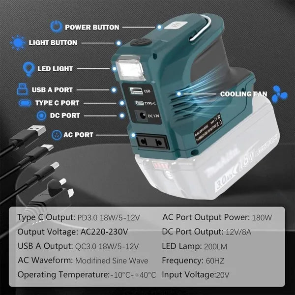 180W 18V LXT Battery Inverter with USB & LED Power Bank for Makita 18V Batteries
