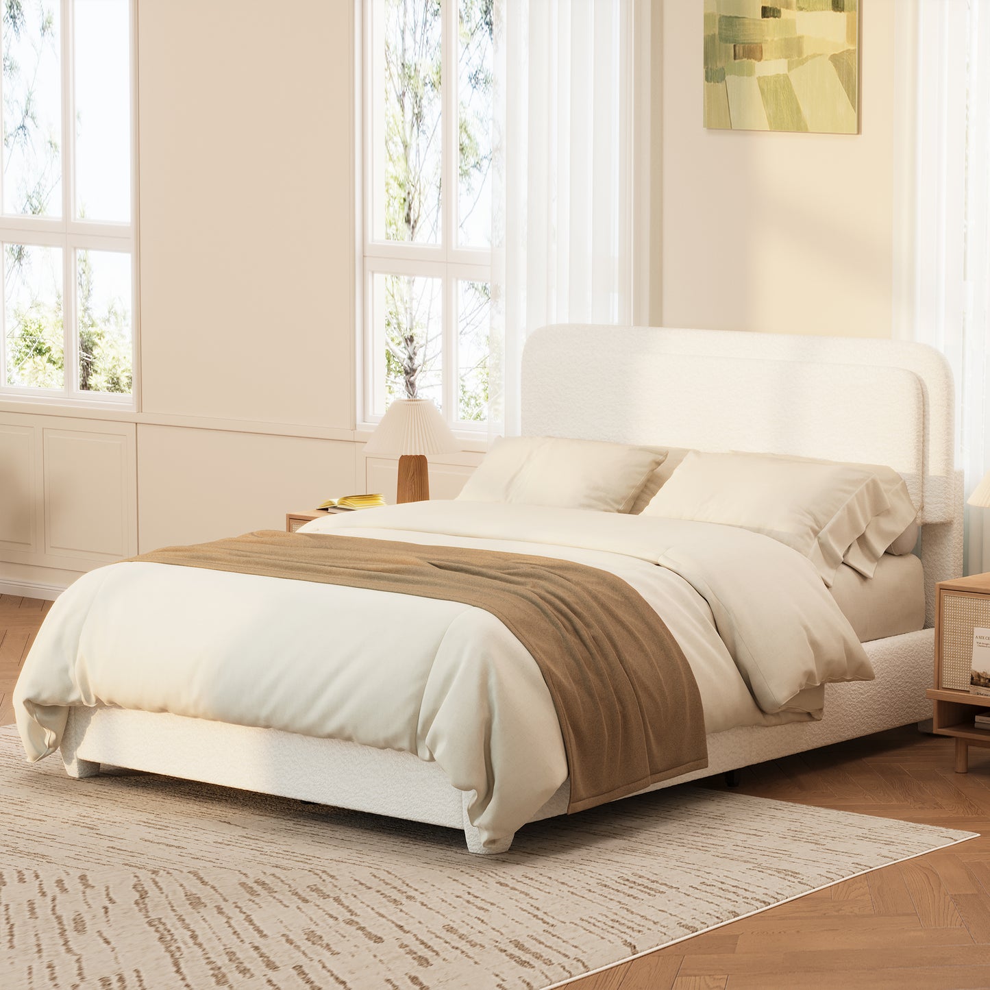 Boucle Full Bed Frame With Adjustable Height Headboard, Modern