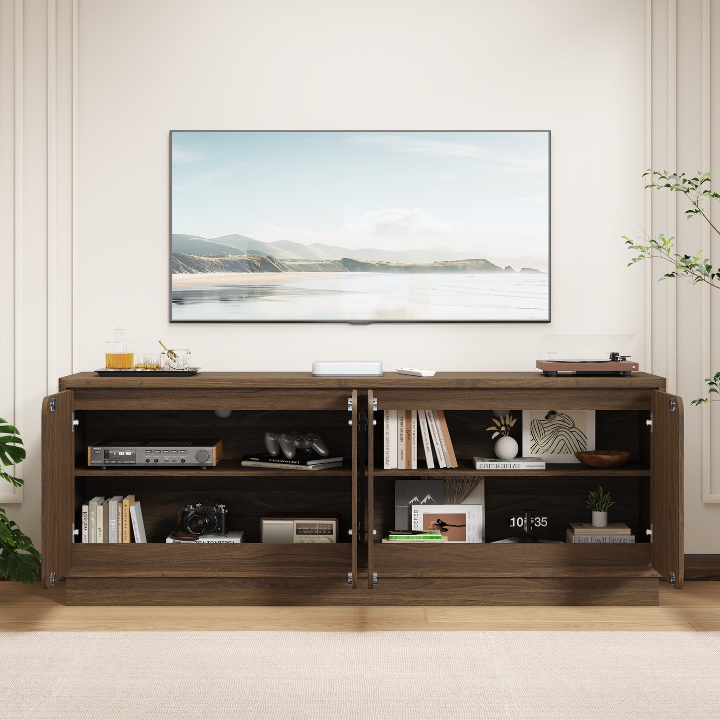 63 Inch Walnut TV Stand with 4 Storage Doors - Modern Media Console