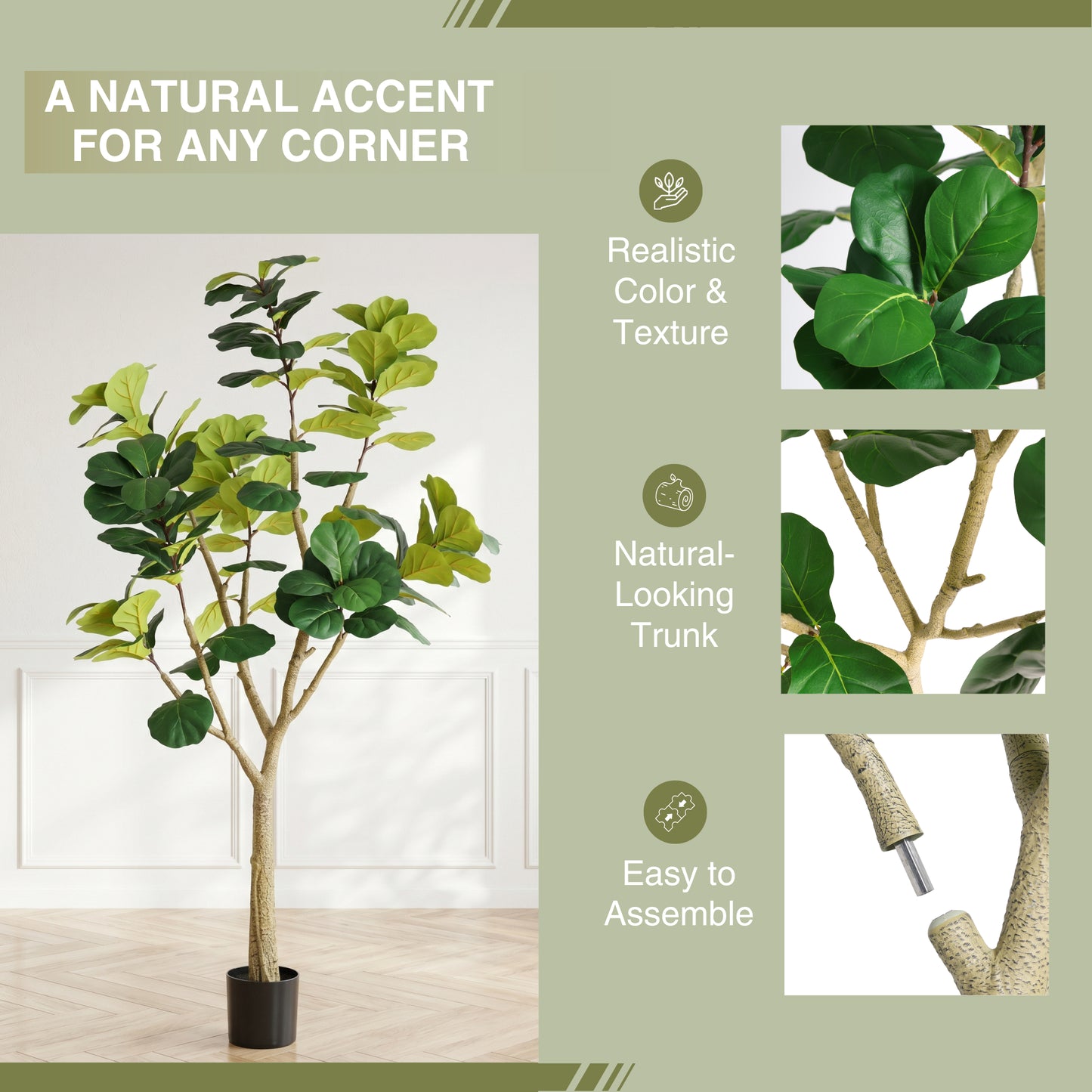 7FT Artificial Fiddle Leaf Fig Tree in Black Pot - Realistic Faux Plant