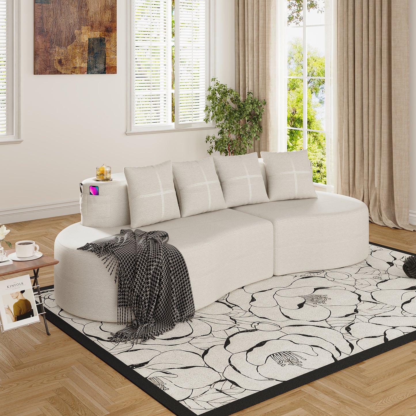 3-Seat Modern Curved Sectional Sofa - Beige Minimalist Design