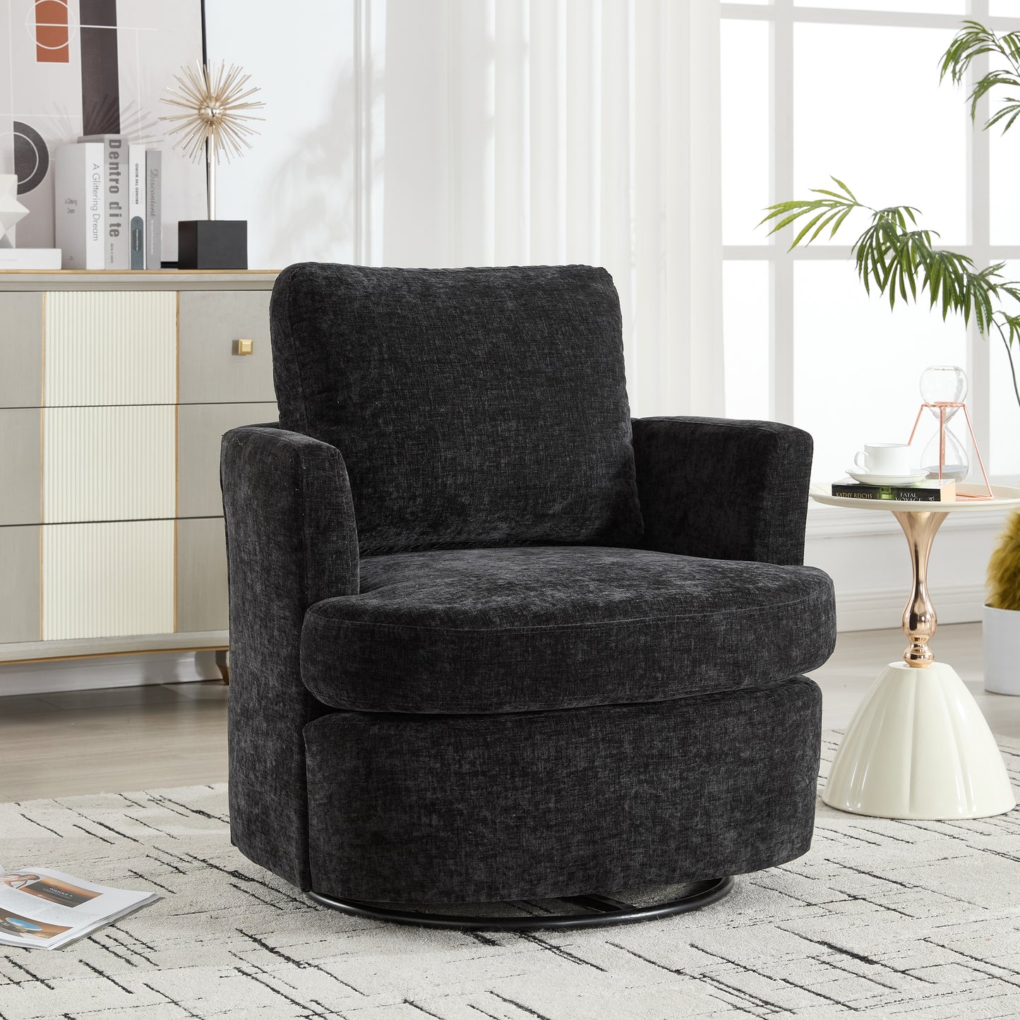 Black Swivel Accent Chair - 360 Degree Upholstered Barrel Chair