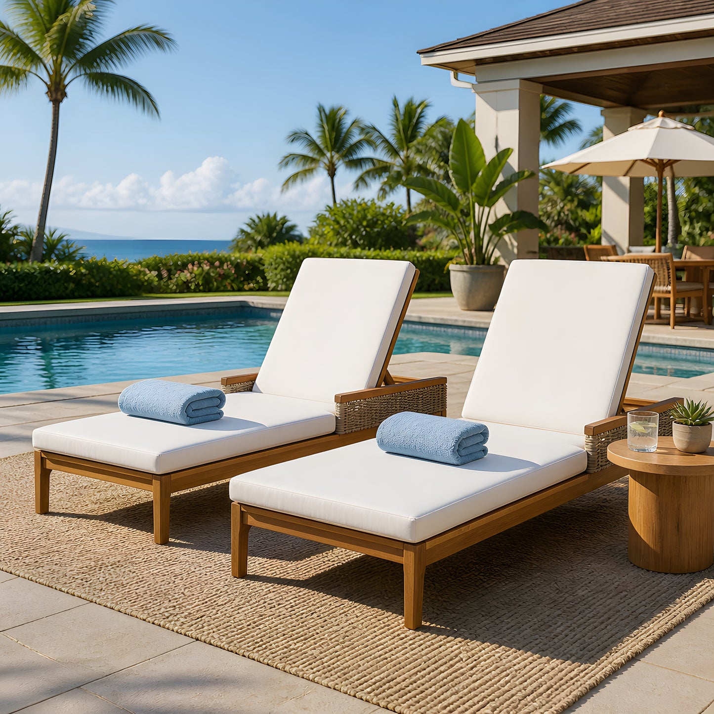 76.8" Solid Acacia Wood Sun Chaise Lounger Set of 2 - Beige Cushions & Grey Wicker