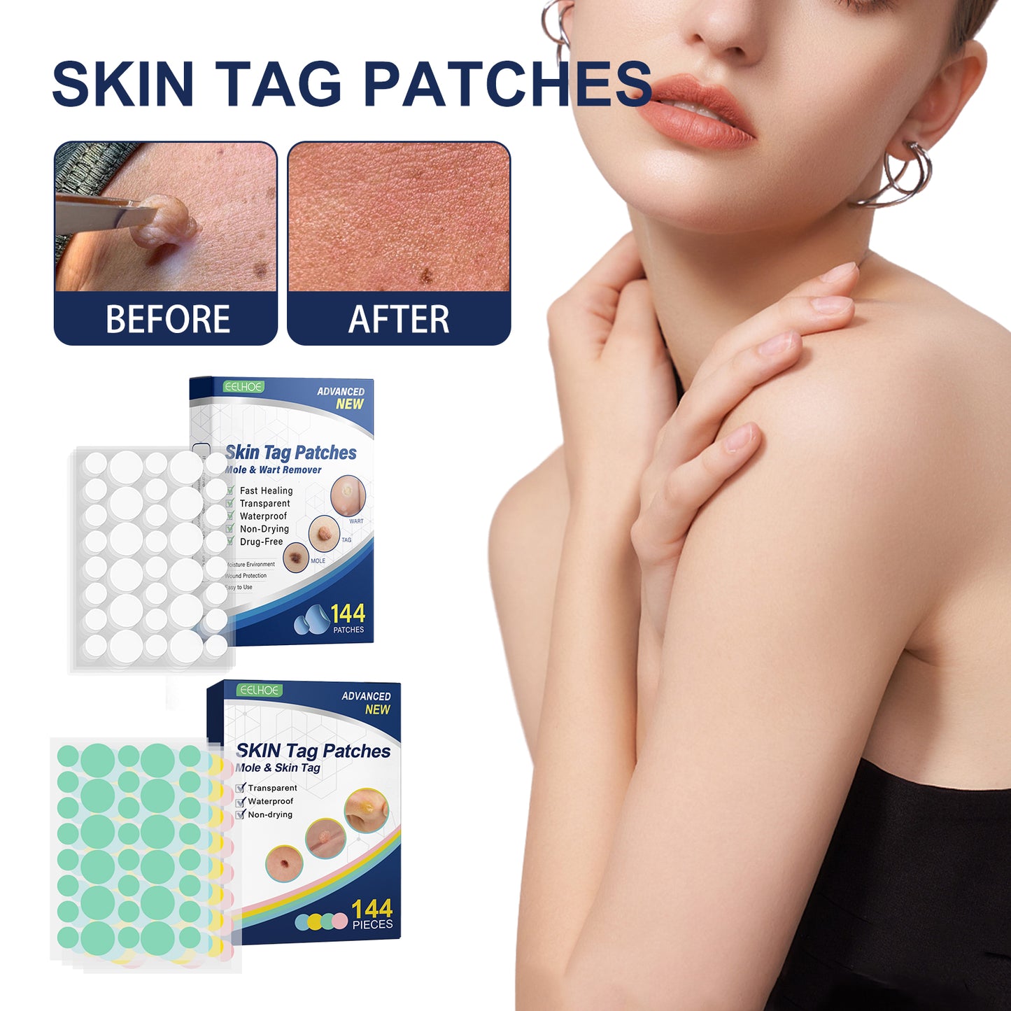Skin Smoothing Patches 144PCS for Skin Tag & Mole Removal - 36PCS x 4 Sheets