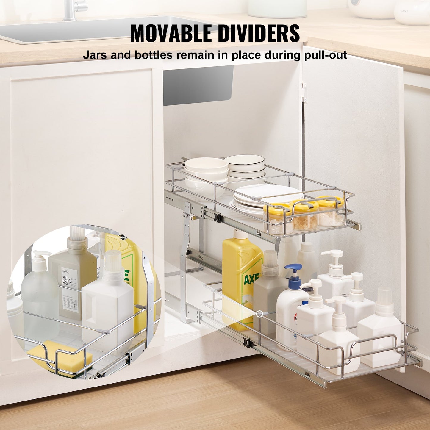 2-Tier Under Sink Organizer - Pull Out Cabinet Basket, Silver