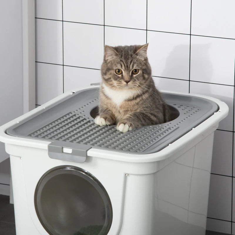 Covered Cat Litter Box with Front Entrance and Top Exit - Odor Control, Scoop, White