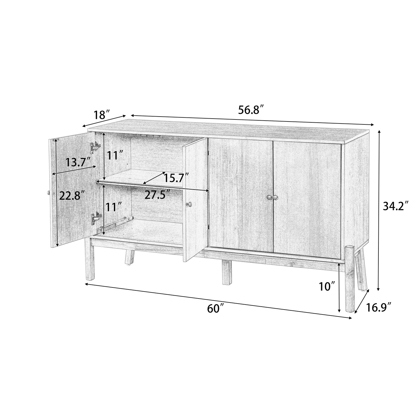 Vintage Sideboard Buffet Cabinet, 56.8 W X 18 D 34.2 H, 4-Door