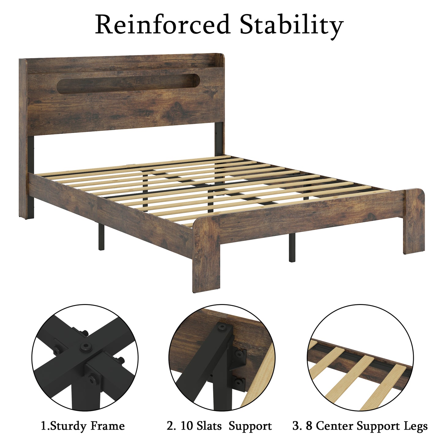 Queen Wood Platform Bed Frame with LED Headboard & USB Ports