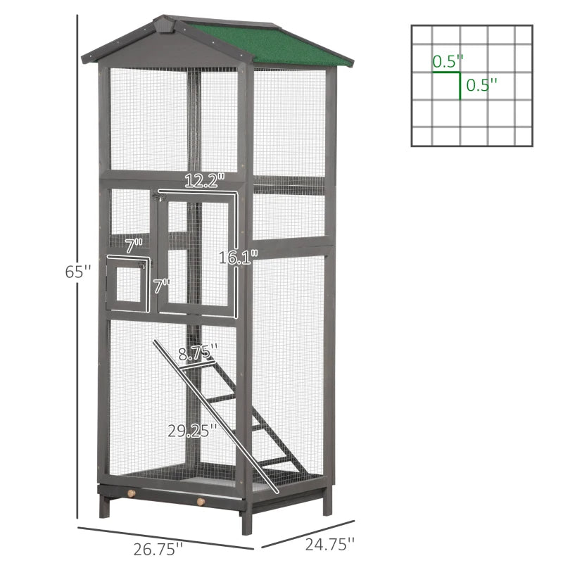 Outdoor Wooden Bird Cage for Parrots and Small Birds with Pull-Out Tray - Grey & Green