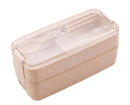 Square Double-Layer Wheat Straw Fiber Lunch Box - 3 Compartments, 900ml