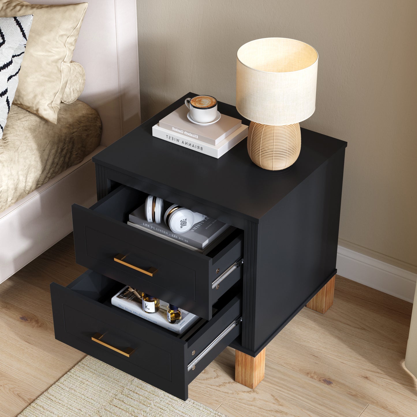2 Drawer Nightstand with Elegant Fluted Design - Black