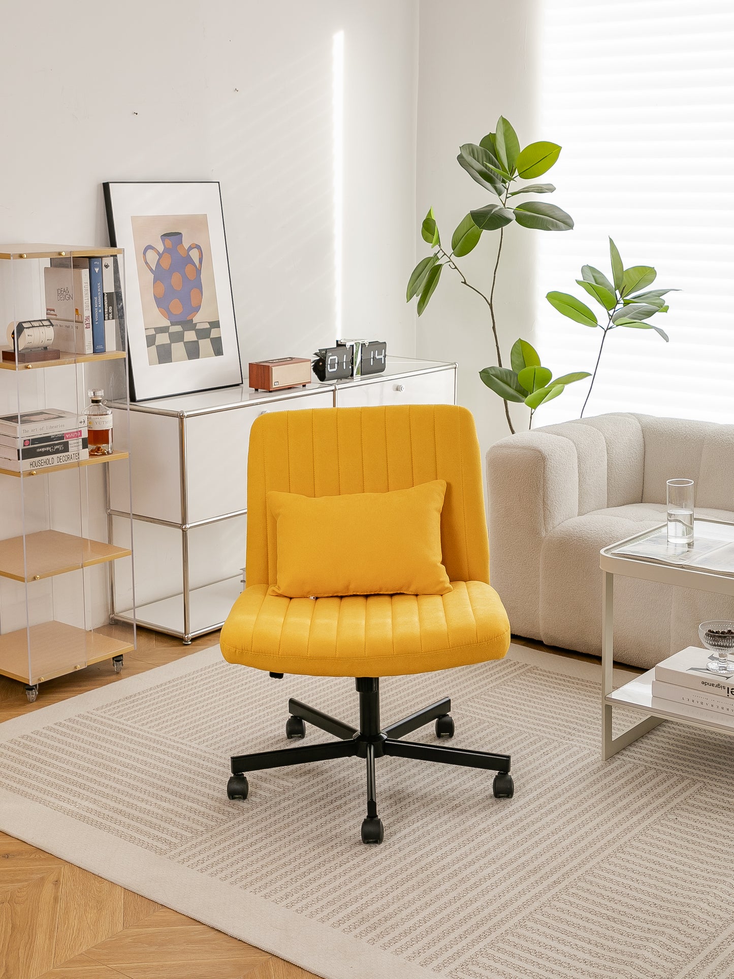 Yellow Linen Criss Cross Office Chair with Wheels - Ergonomic Design