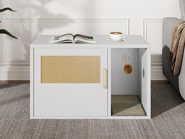 Multifunctional Cat Litter Box Cabinet with Odor Control & Side Table - White