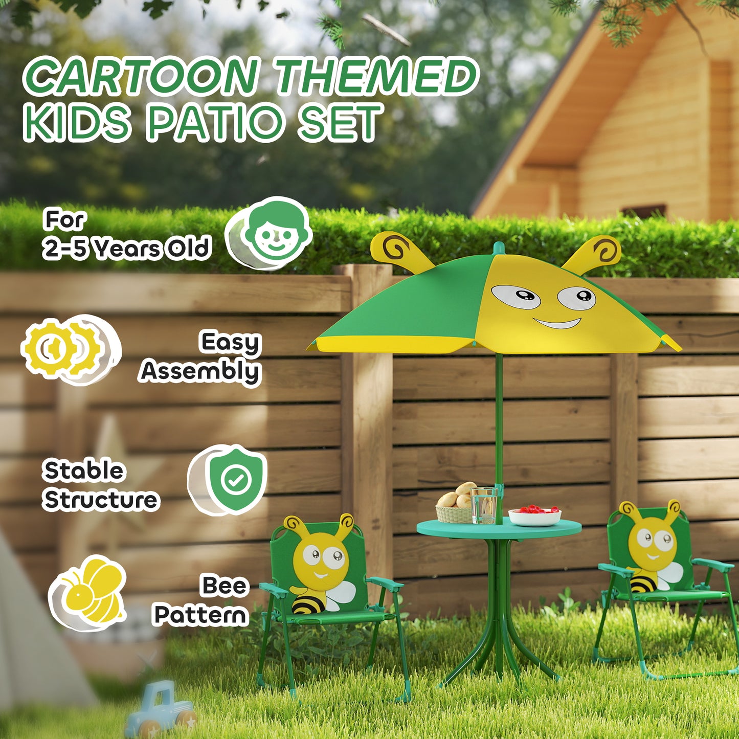 Kids Picnic Table and Chair Set with Adjustable Umbrella - Green