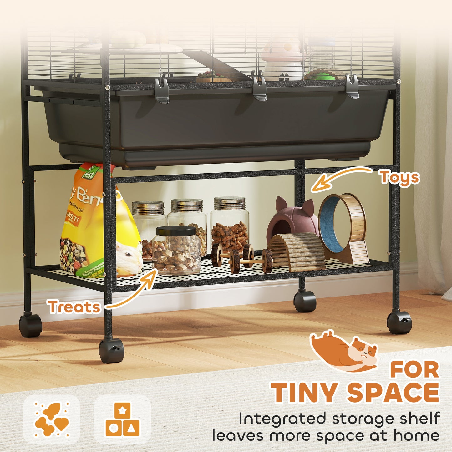 3-Tier Hamster Cage with Deep Tray, Exercise Wheel & Storage Shelf - Black